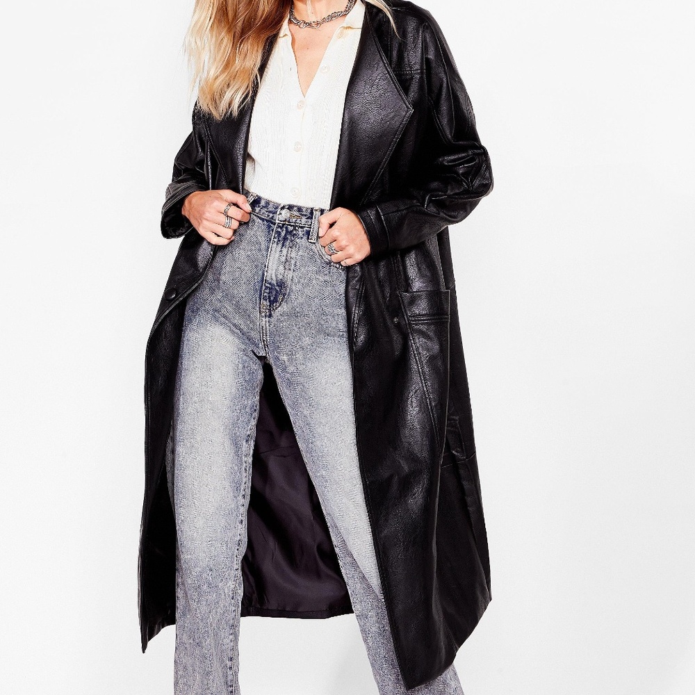 Black Faux Leather Trench Coat